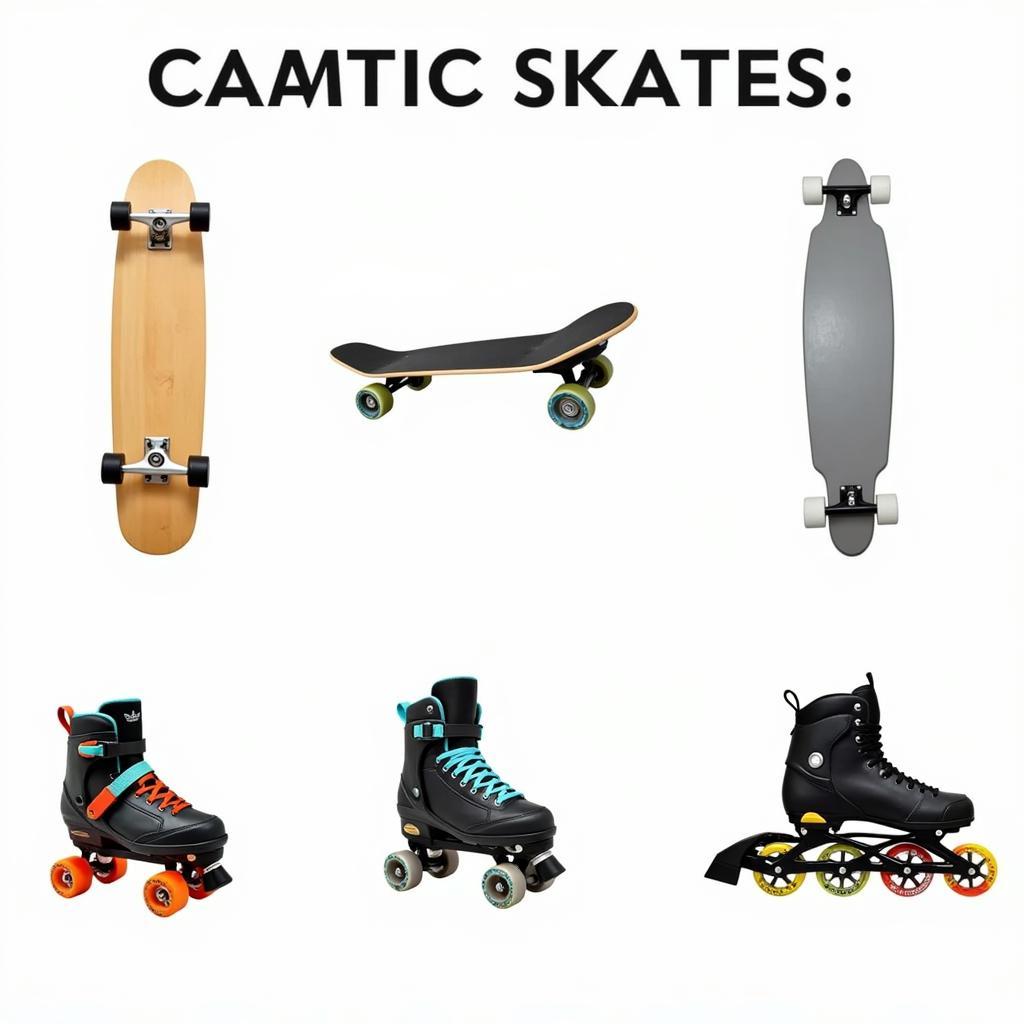 Variety of skates including skateboards, longboards, and roller skates