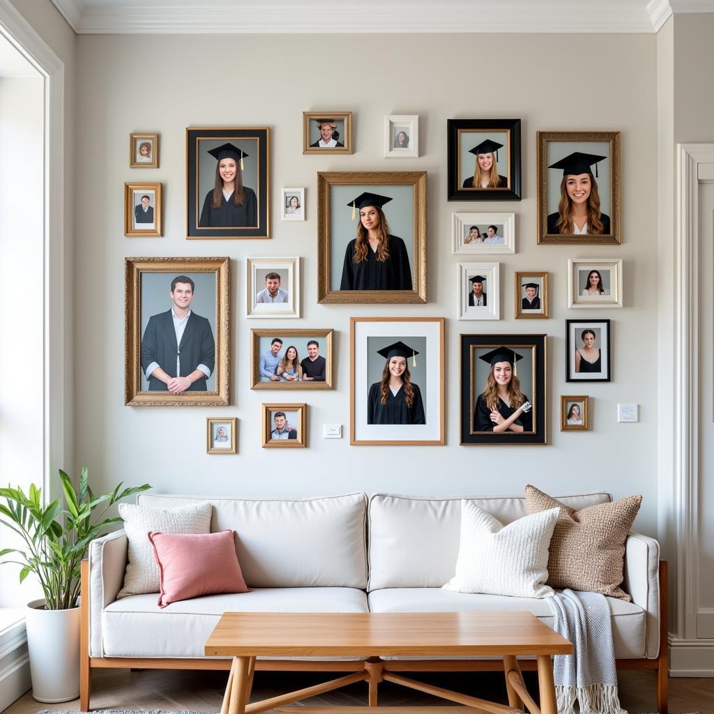 Multiple framed 2024 graduation photos displayed on a wall