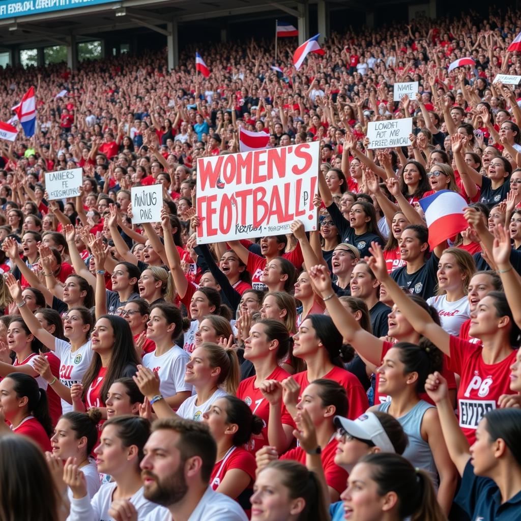 Diverse crowd cheering at a women's football festival