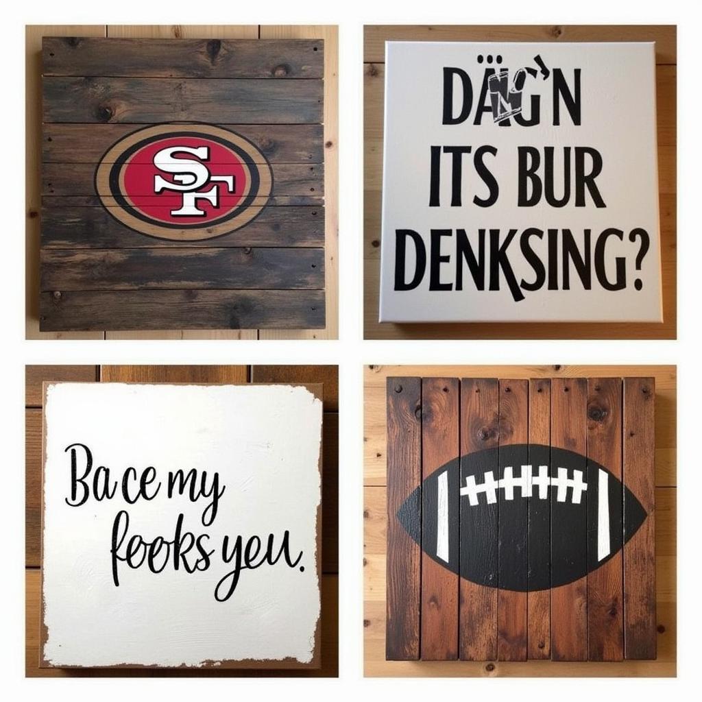 A collection of DIY football signs, including painted pallets, stenciled designs, and repurposed materials.