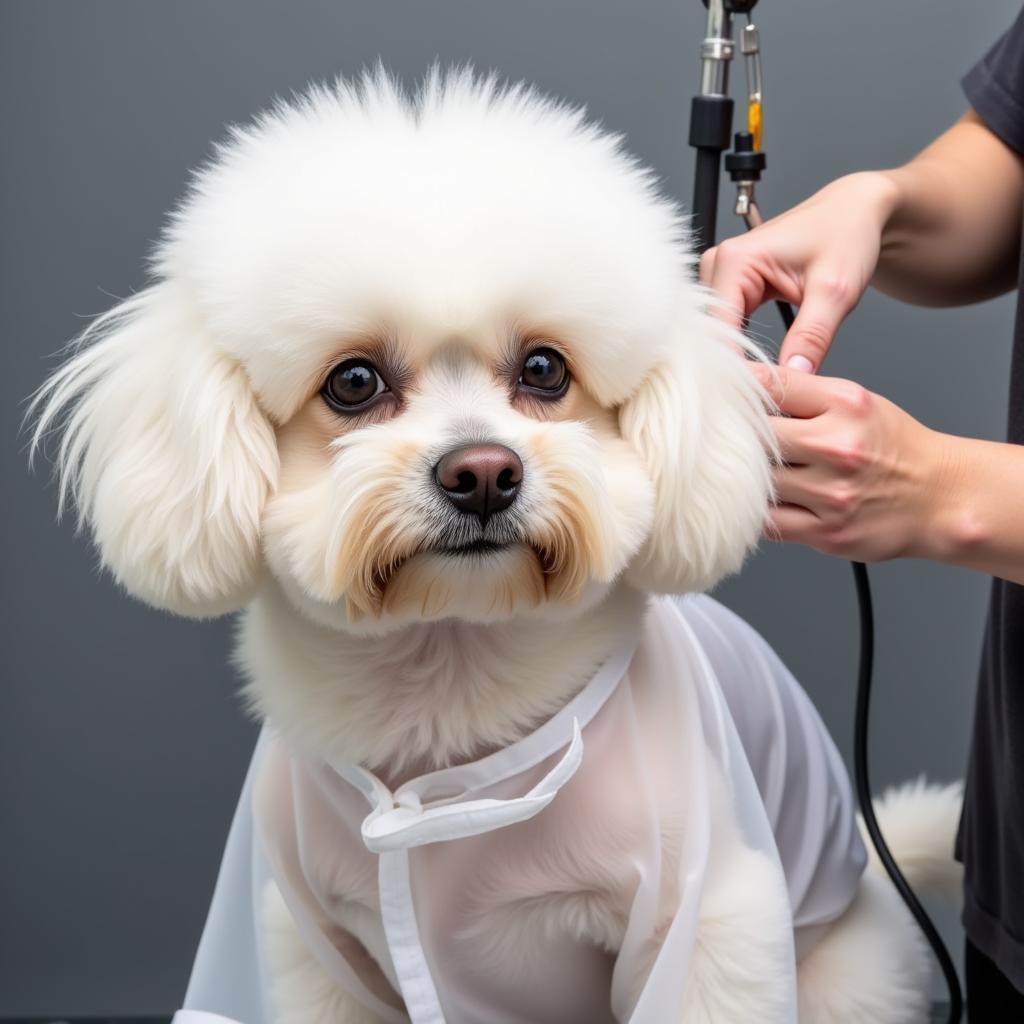 Dog in a lab coat being groomed