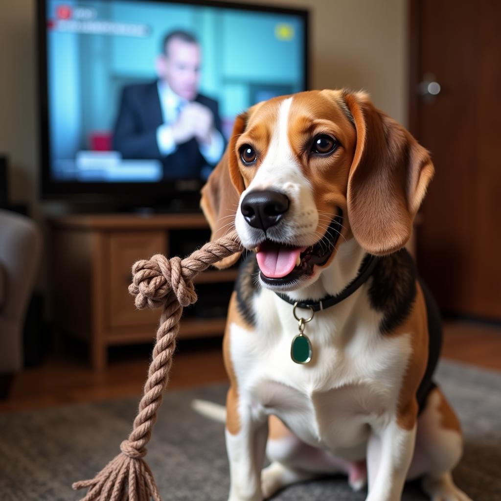 Dog Playing with Toy While TV is On