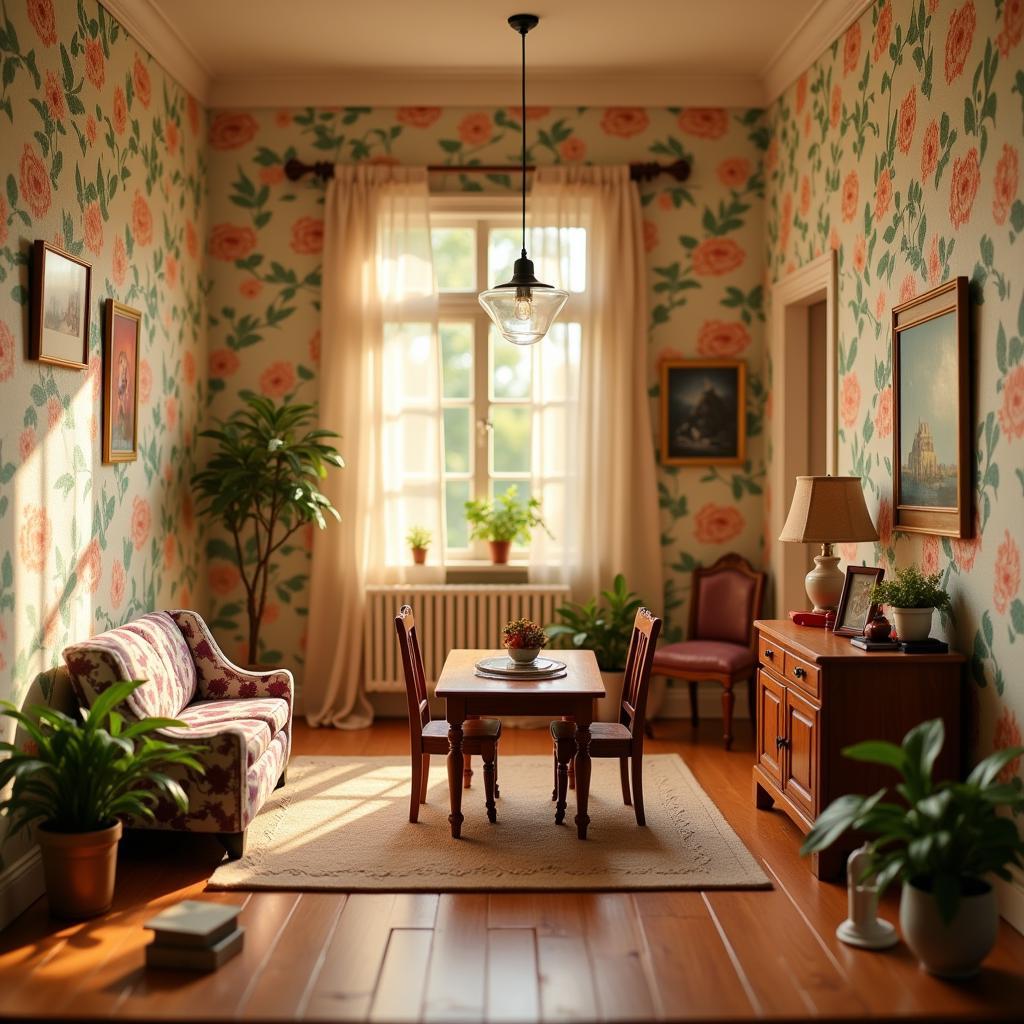 Dollhouse interior showcasing floral wallpaper on the walls