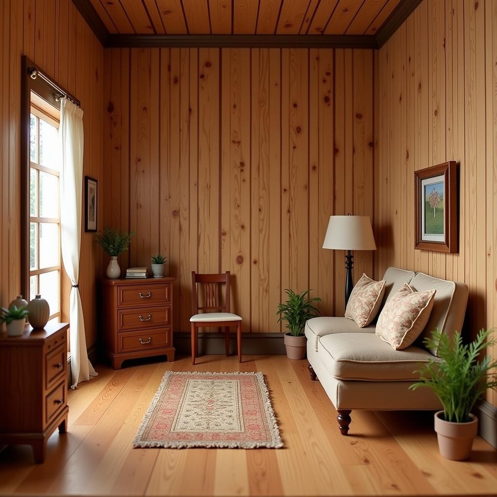 Dollhouse room with wood paneling wallpaper, creating a rustic feel