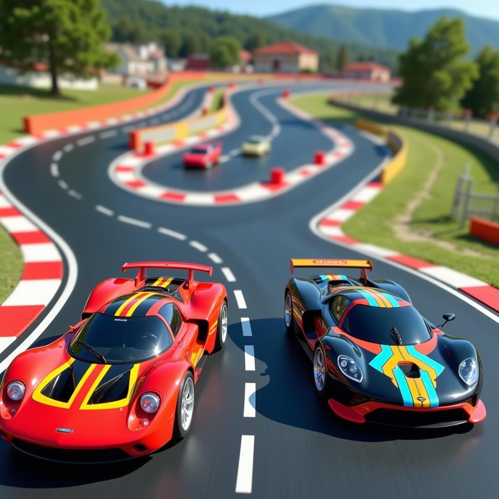 E Carrera racing set with two cars on a challenging track layout