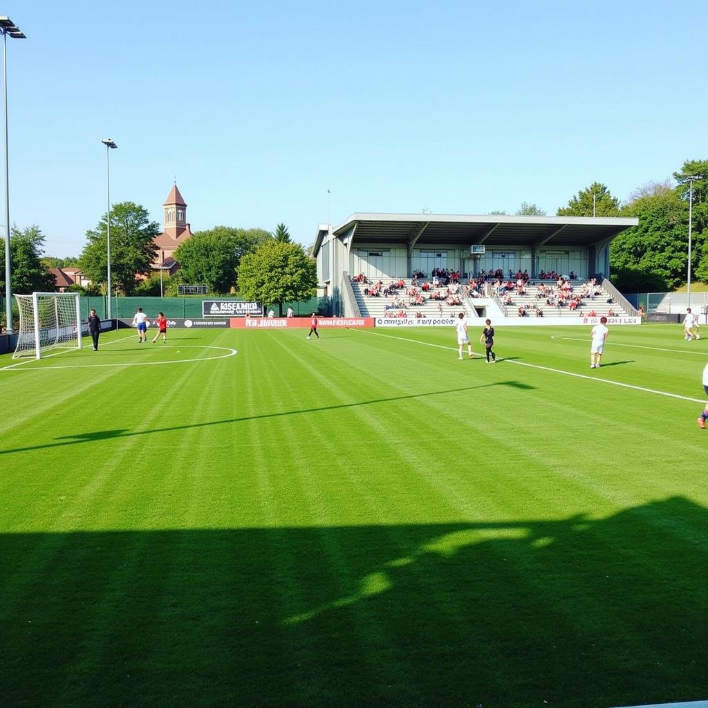 EAA Sports Complex Soccer Field: A vibrant green soccer field at the EAA Sports Complex, ready for a game, with clear markings and goals. Spectators can be seen in the bleachers on the sideline.