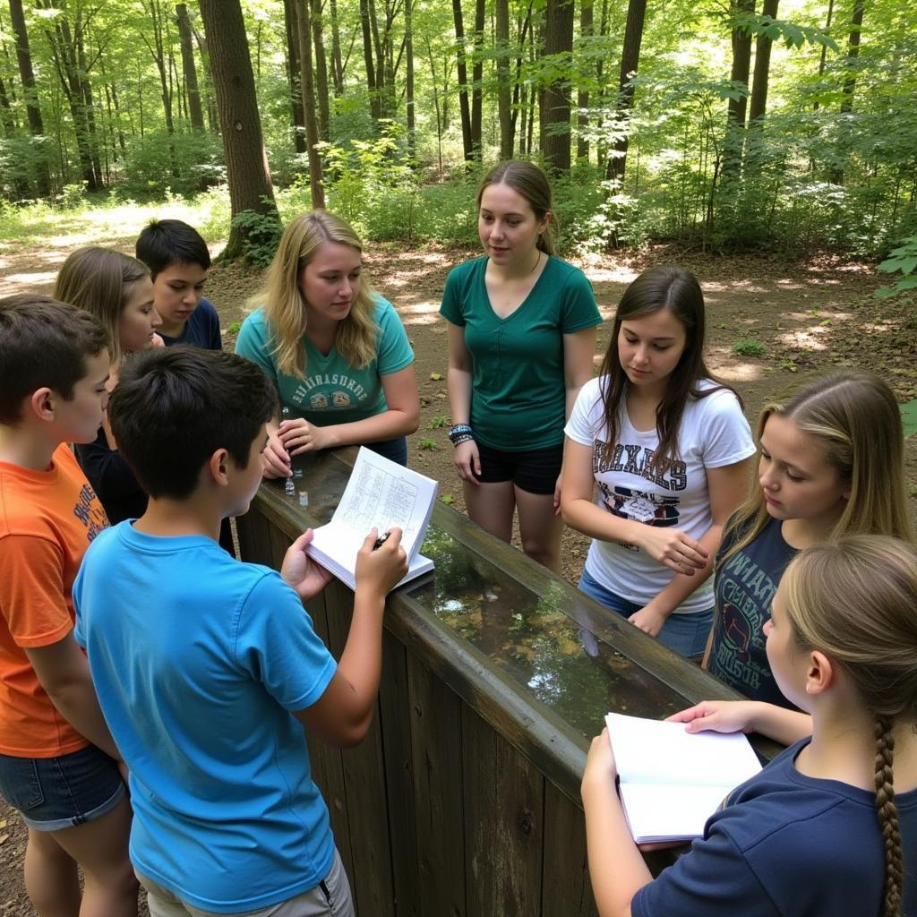 Students interacting with an eco column in a classroom setting