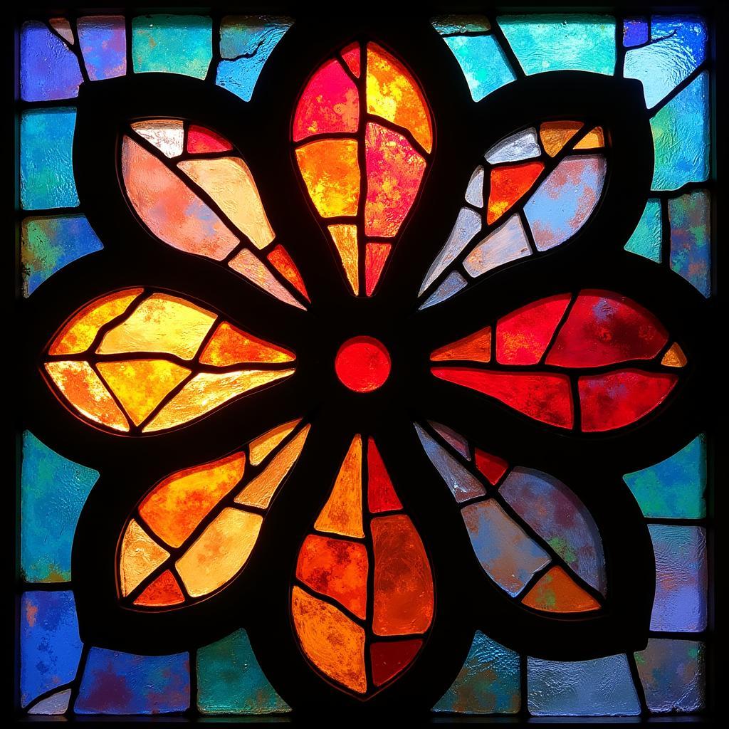 Stained glass window depicting an eight-petaled flower