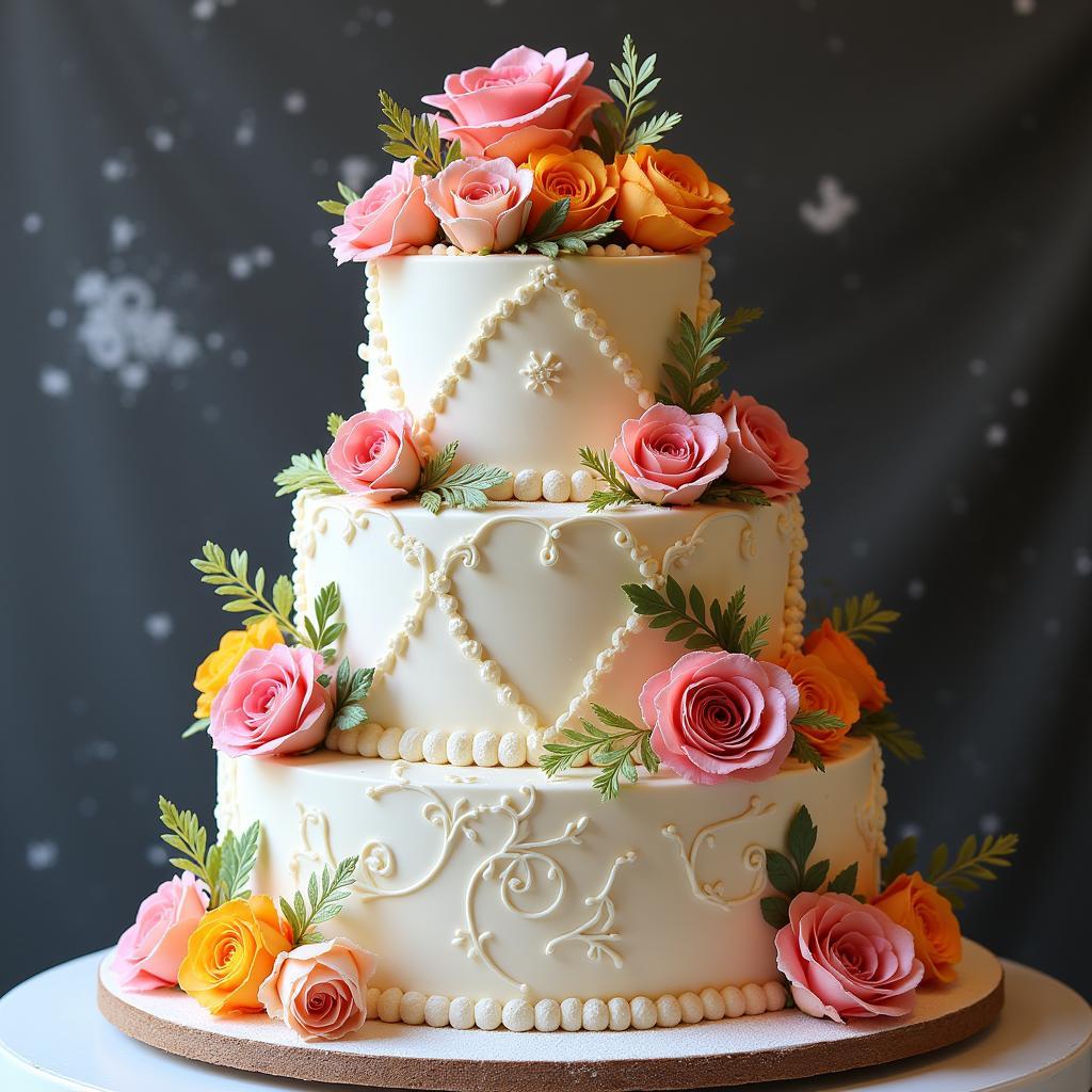 A beautifully decorated cake, showcasing exquisite detail.