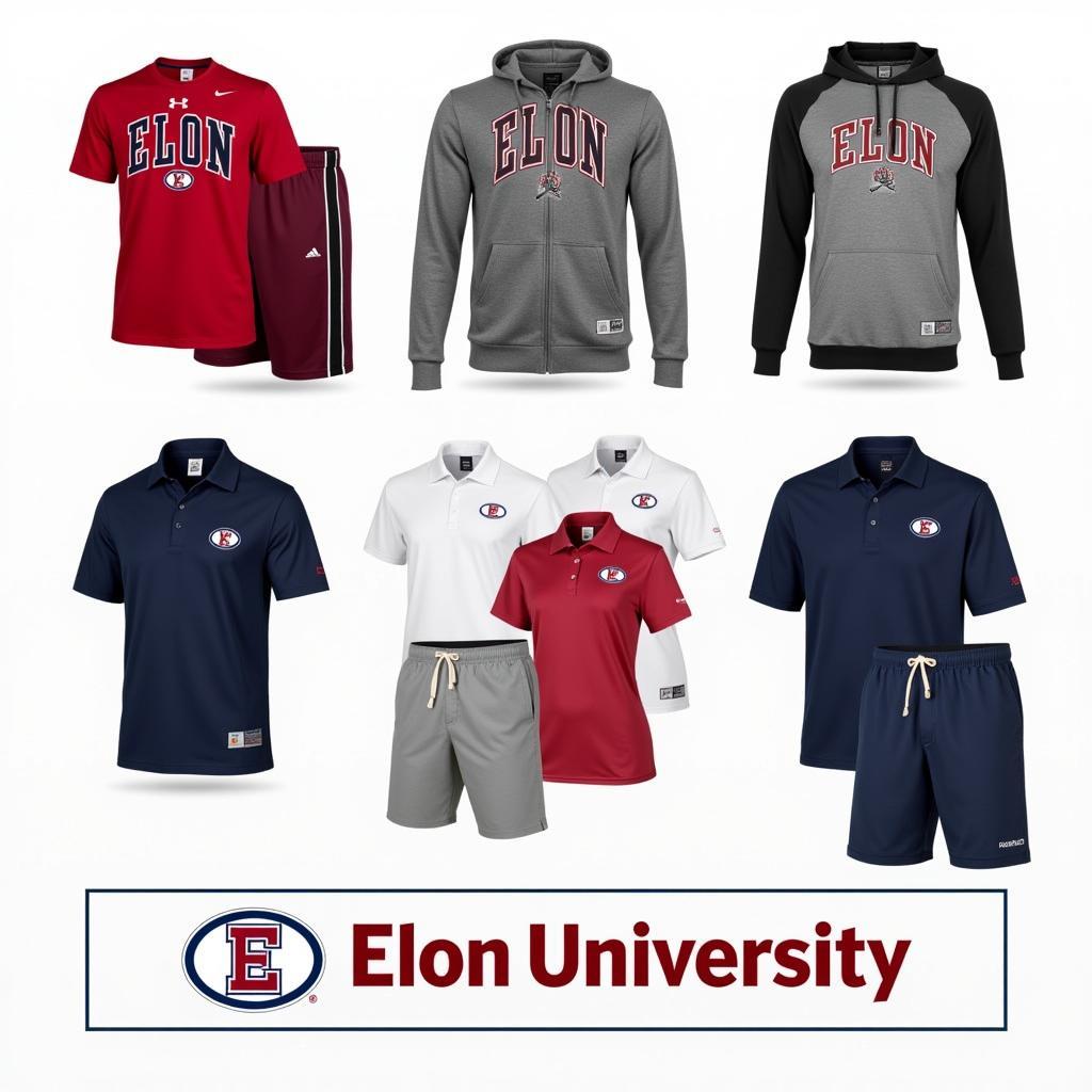 Different styles of Elon University apparel showcasing sporty, casual, and formal options.