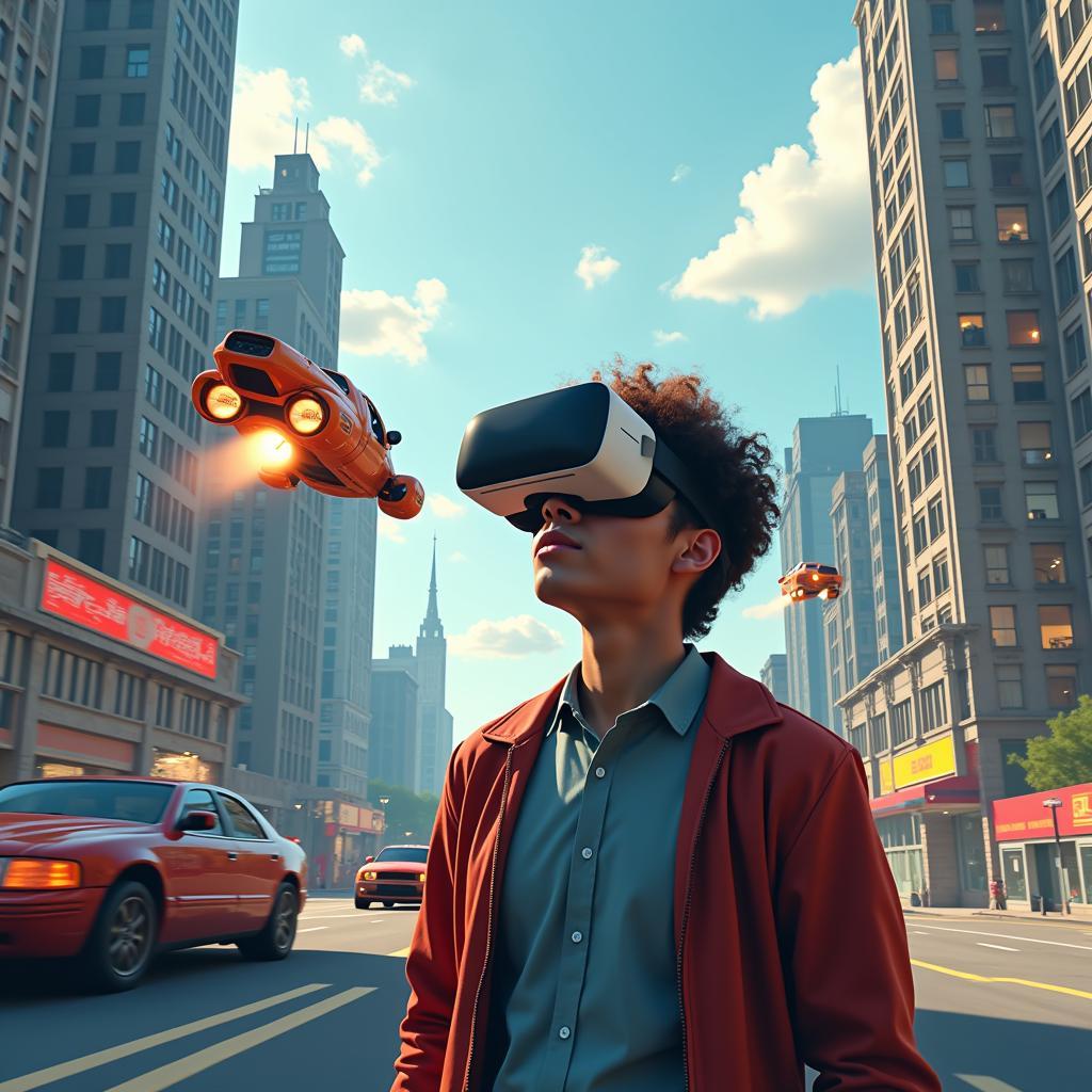 A gamer wearing a VR headset immersed in a futuristic chase scene.