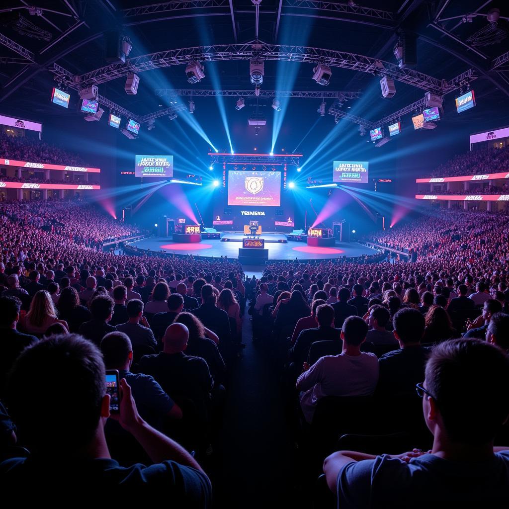 A packed esports arena with a cheering crowd