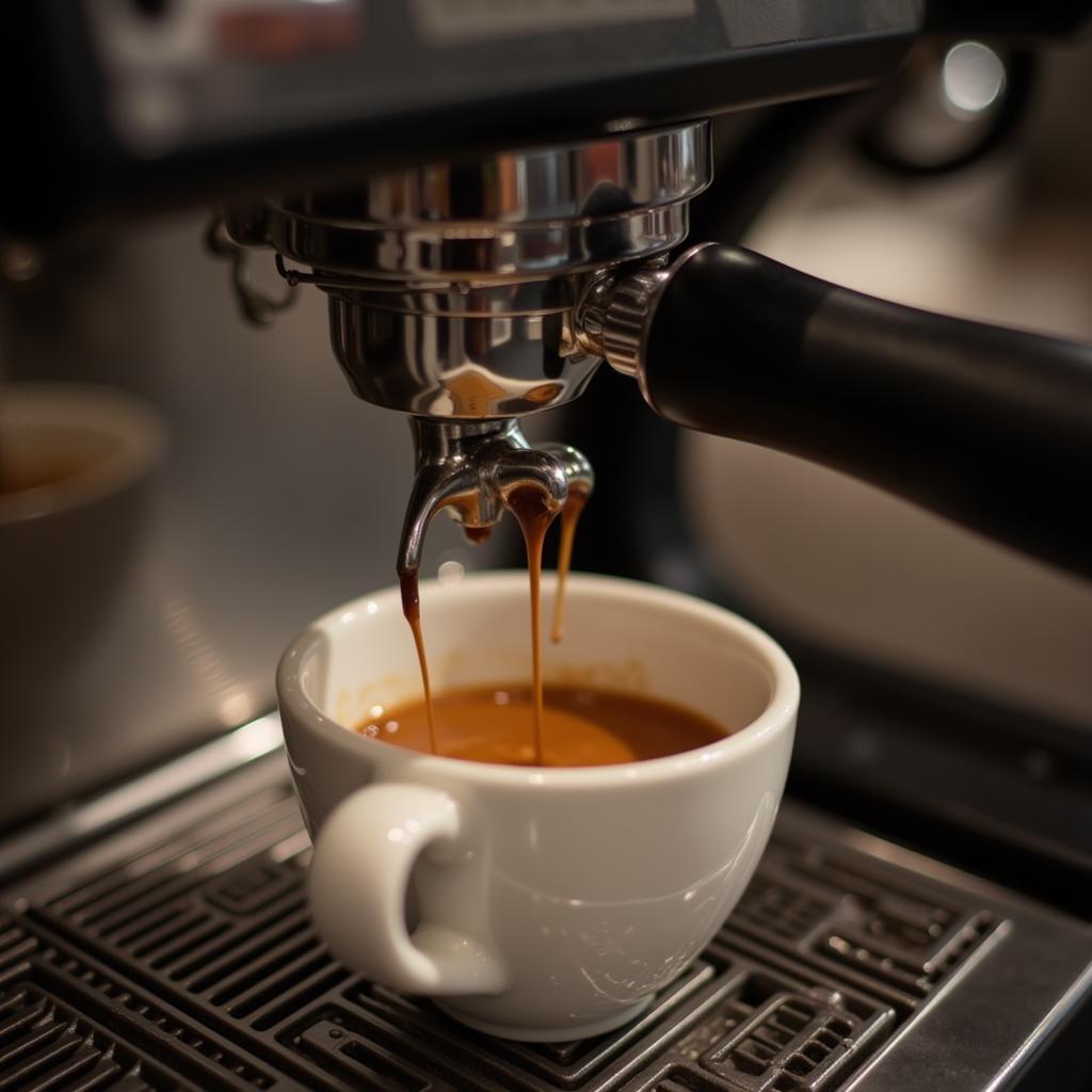 Close-up shot of an espresso machine in action, highlighting the steam and the rich crema of the freshly brewed espresso.