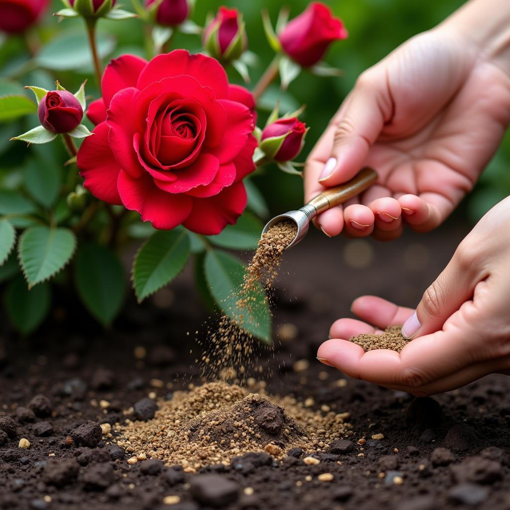 Close-up of hands fertilizing soil around a flowering plant.