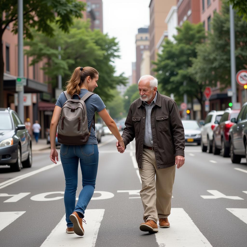 An elderly person being helped across the street by a younger person.