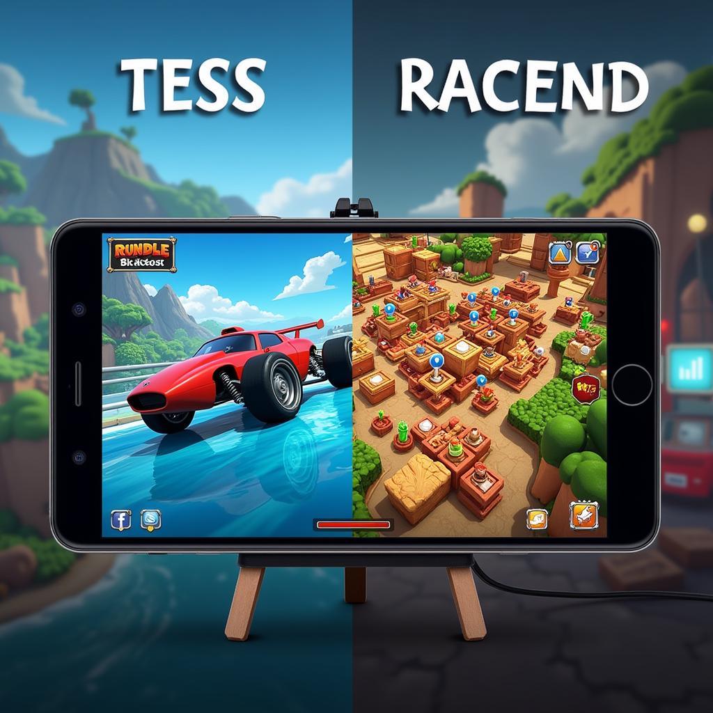 A split screen showing two different game modes within the same trial play to illustrate the importance of exploring diverse aspects of a game.