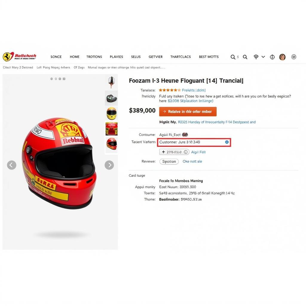 Screenshot of an online marketplace listing for a 1/2 scale F1 helmet replica, showcasing product details and seller information.