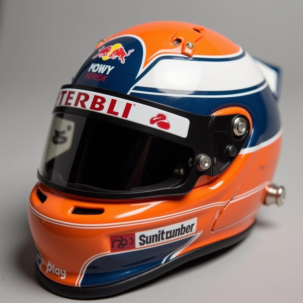 Close-up of a 1/2 scale F1 helmet replica, highlighting the intricate details and paintwork.