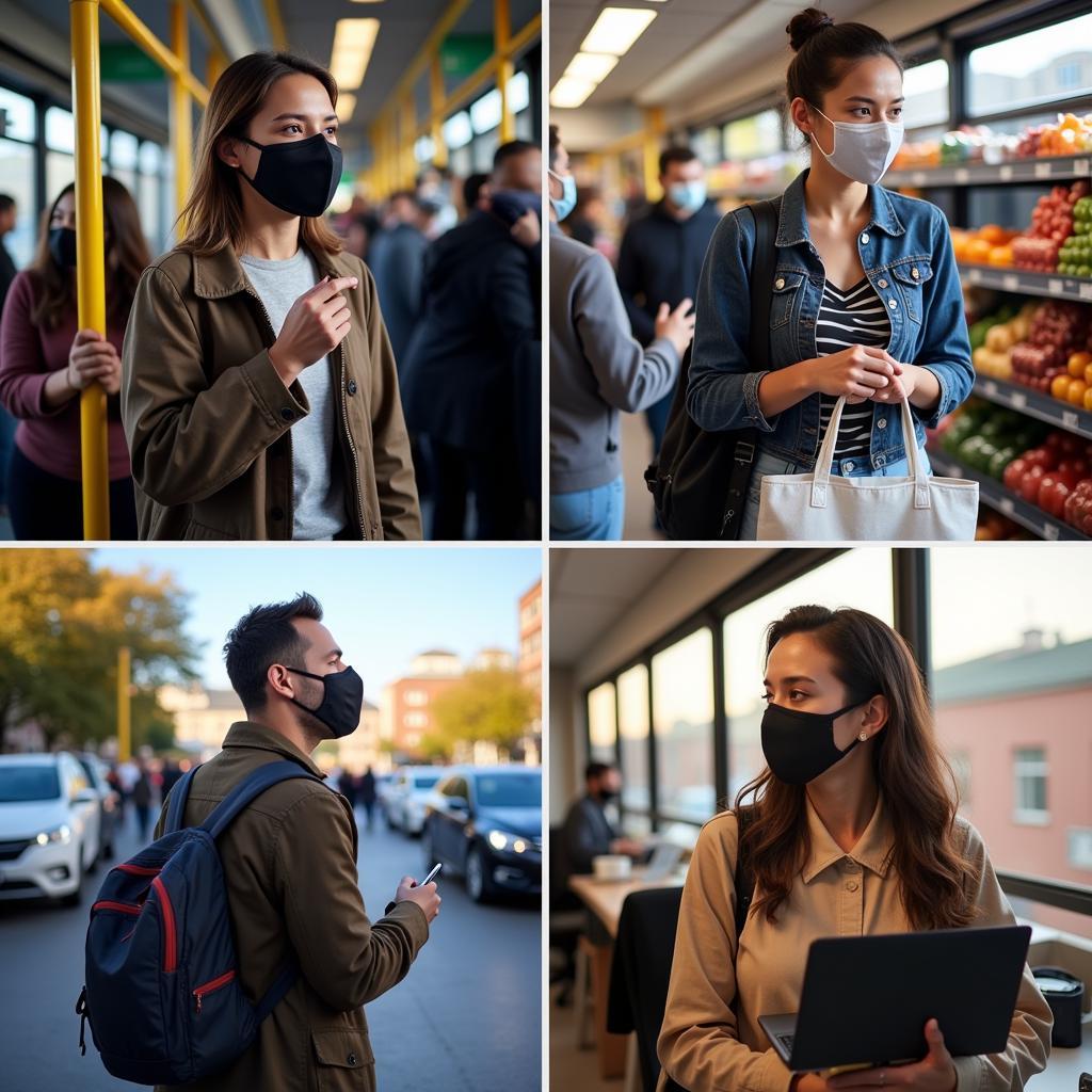 People wearing F7 facemasks in various everyday situations, such as commuting, shopping, and attending events.