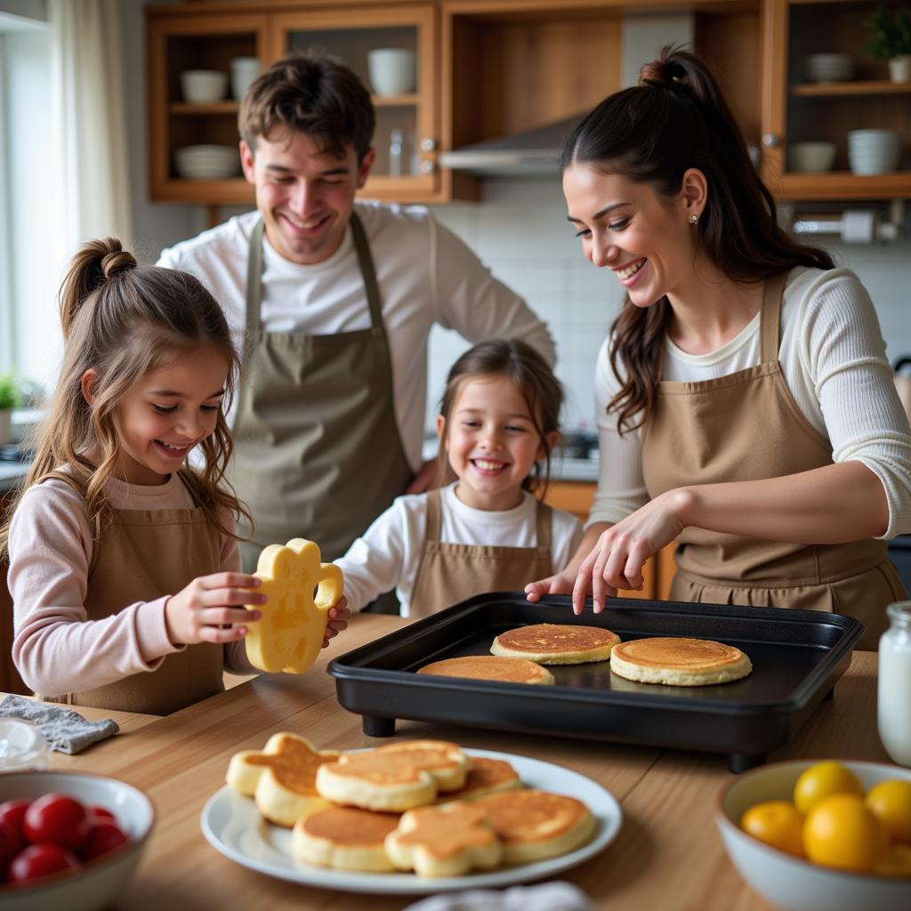 Family making bear pancakes