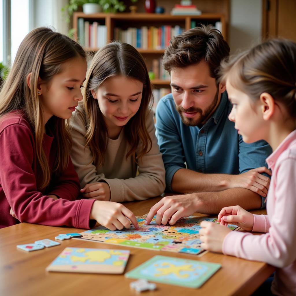 Family Enjoying a Bookcase Game Night