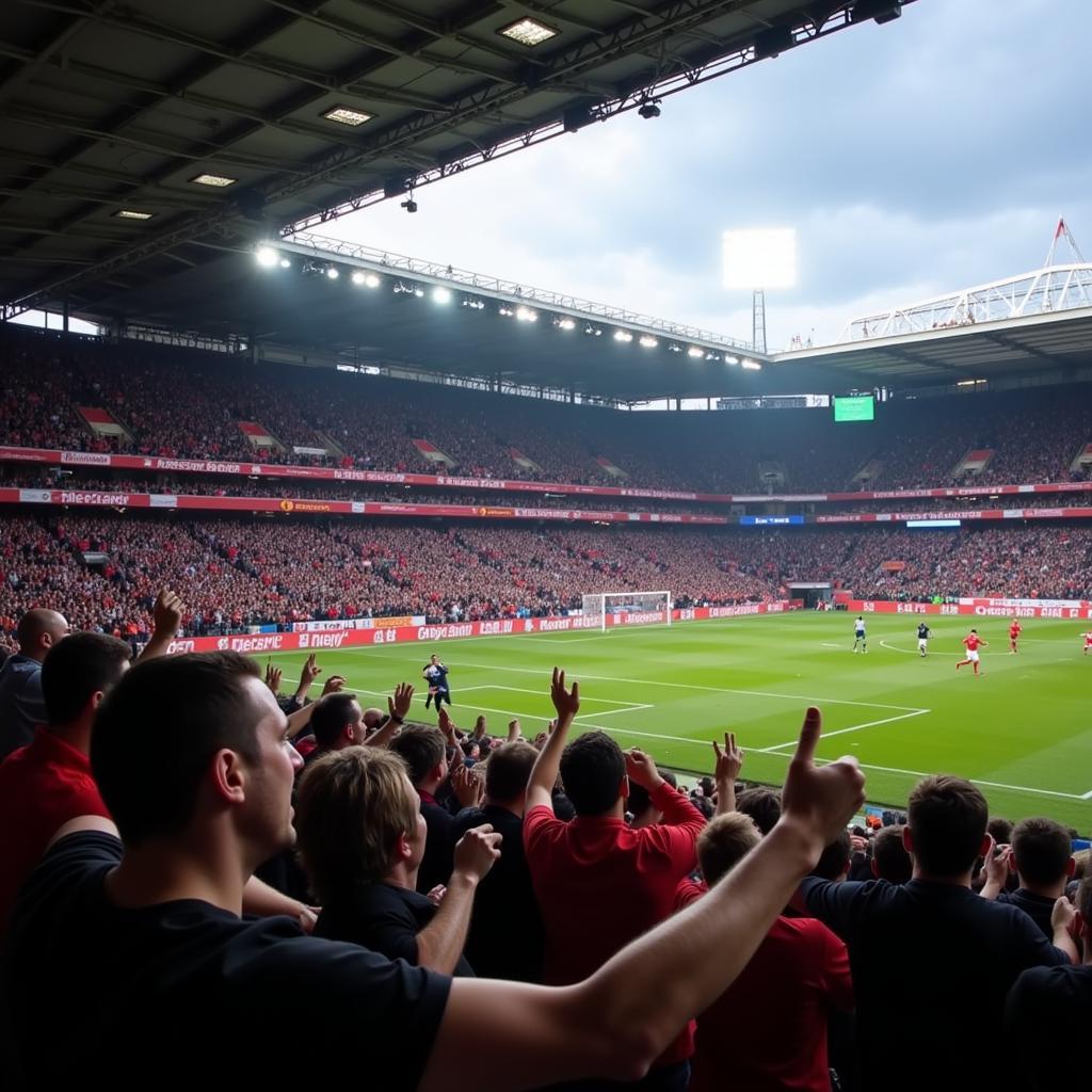 Fans Celebrating a Goal in a Packed Football Stadium