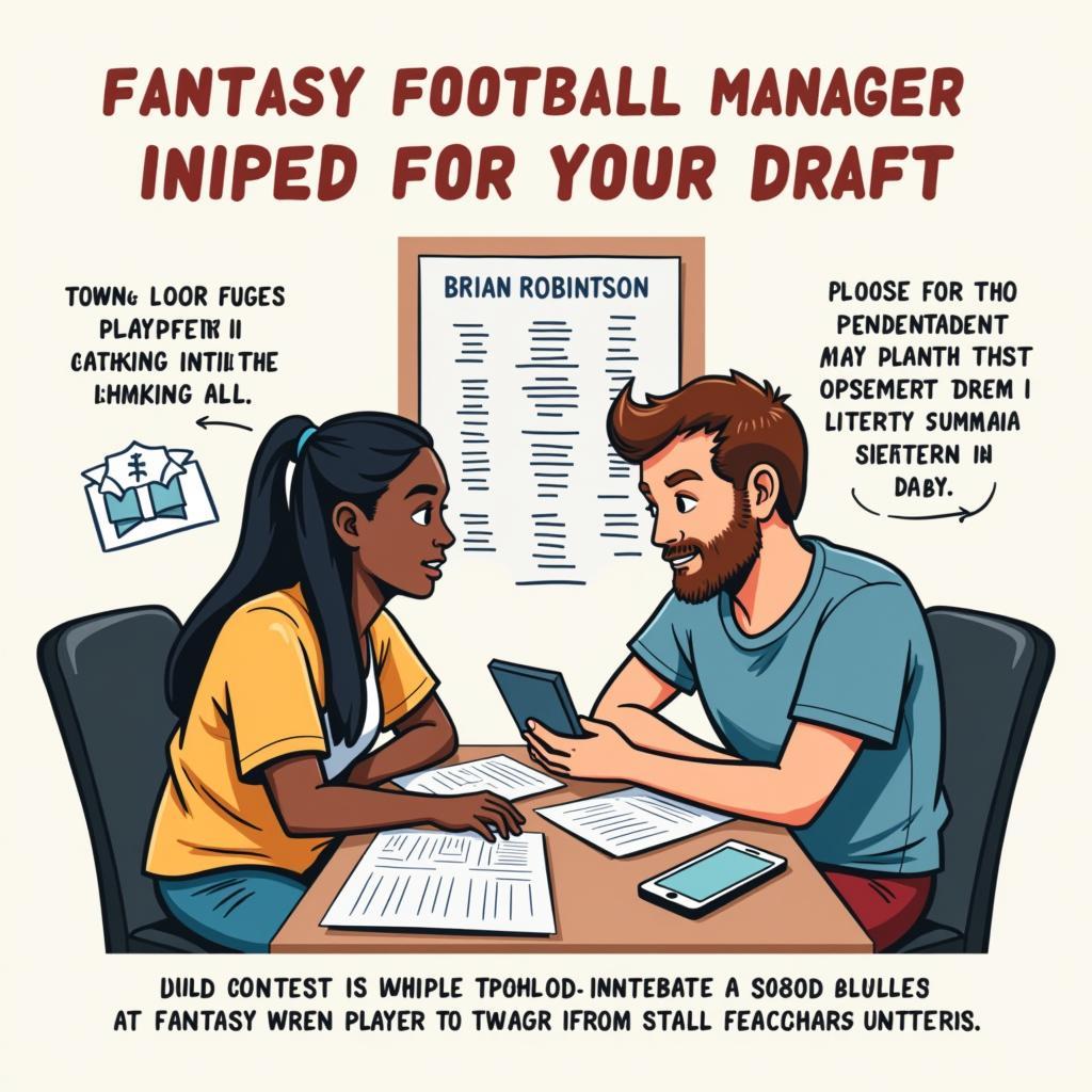 A fantasy football manager preparing for their draft, analyzing player stats and projections.