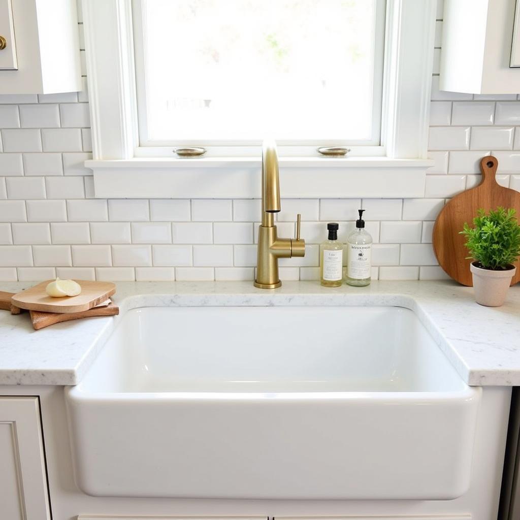 Farmhouse Sink with Brass Faucet and Accessories