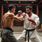 A fighter honing their punching skills in a traditional dojo