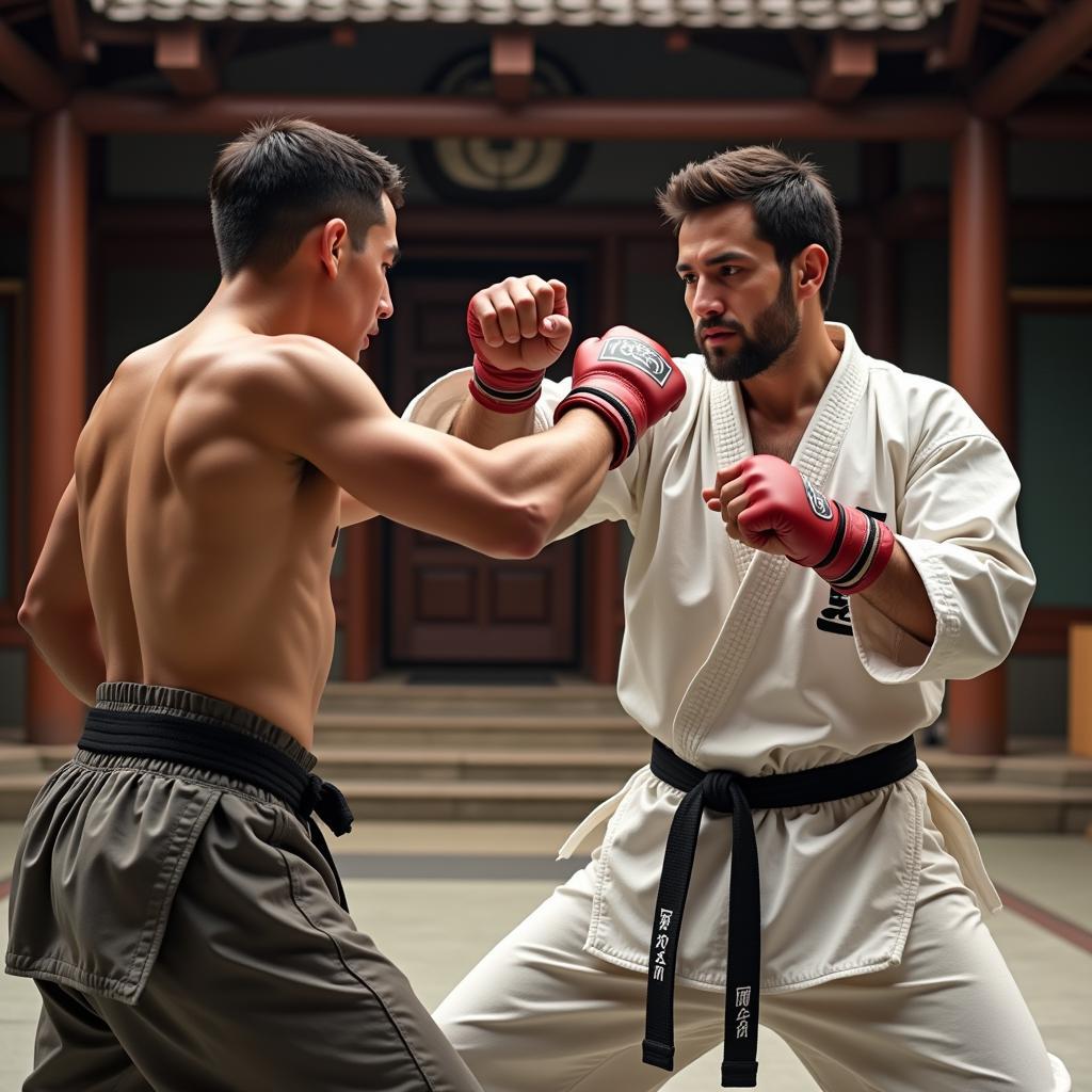 A fighter honing their punching skills in a traditional dojo