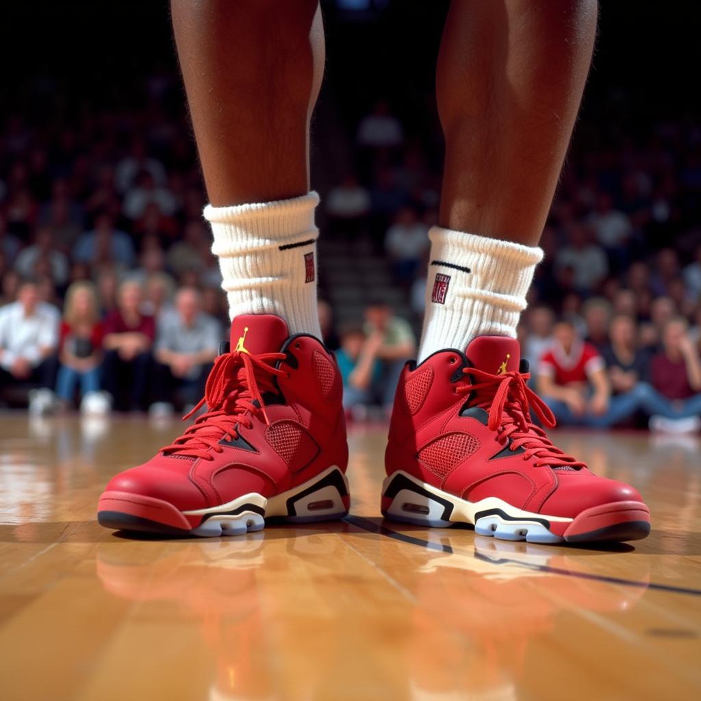 Michael Jordan wearing the Fire Red 6s