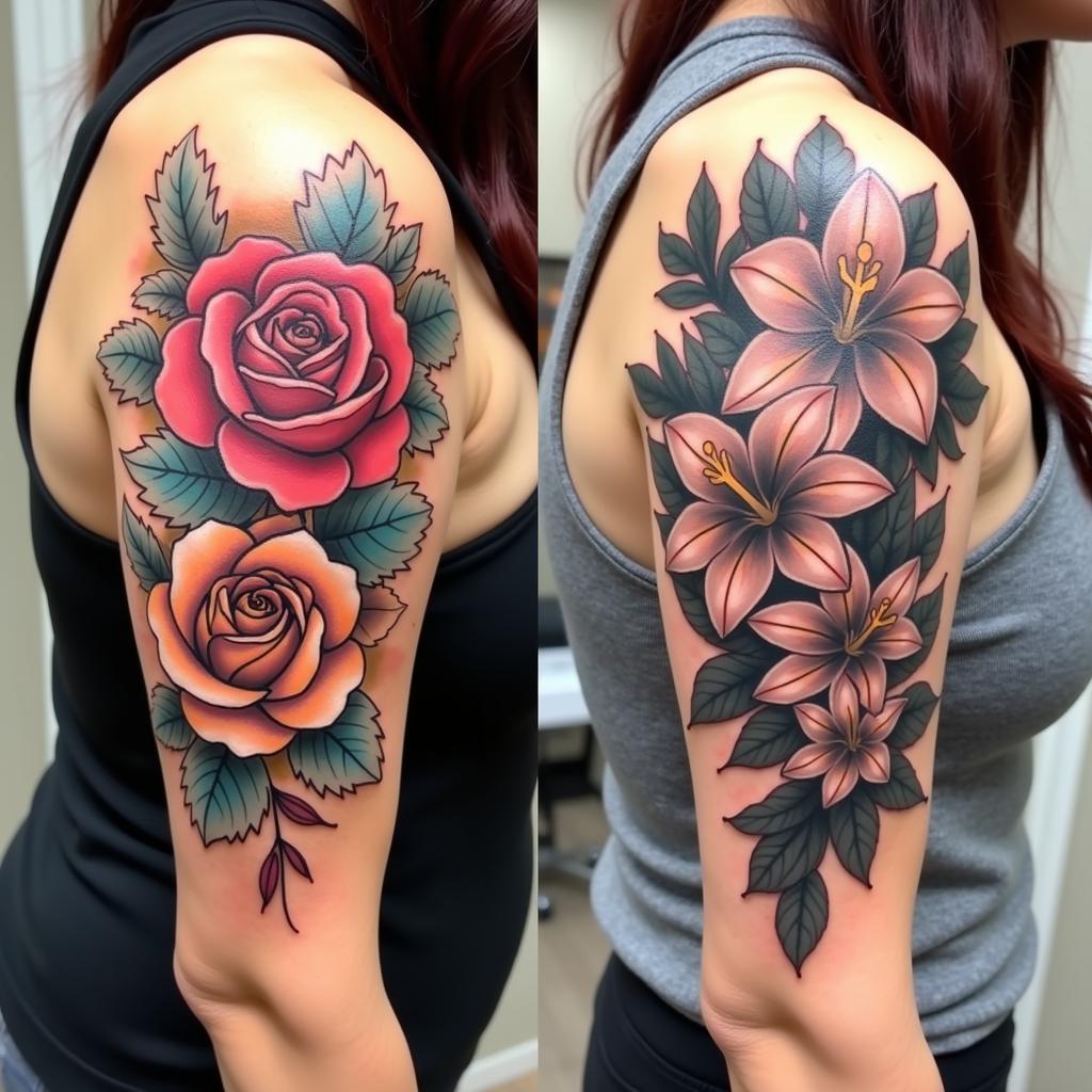 Floral Cover Up Tattoo Ideas: Roses and Lilies covering a tribal tattoo