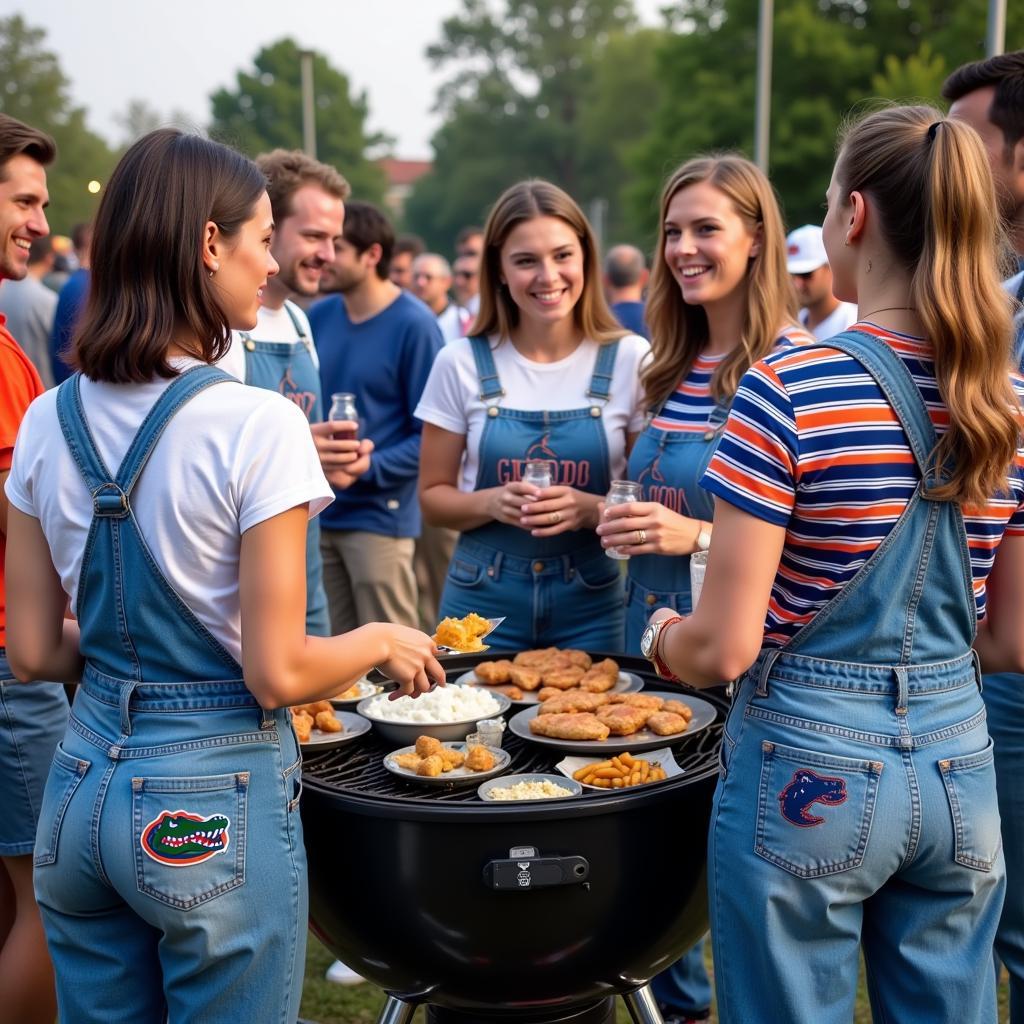 Florida Gators fans wearing overalls while tailgating