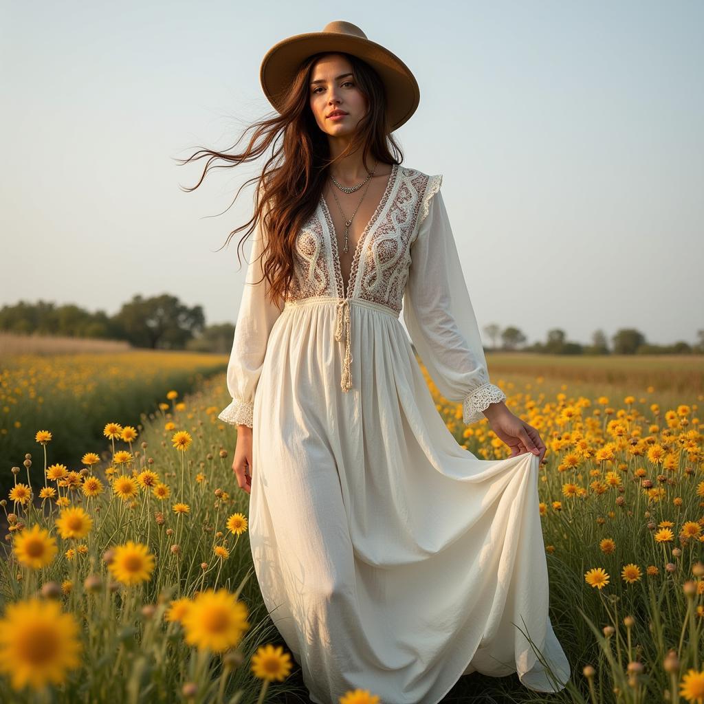 Woman in a flowy boho dress in a natural setting