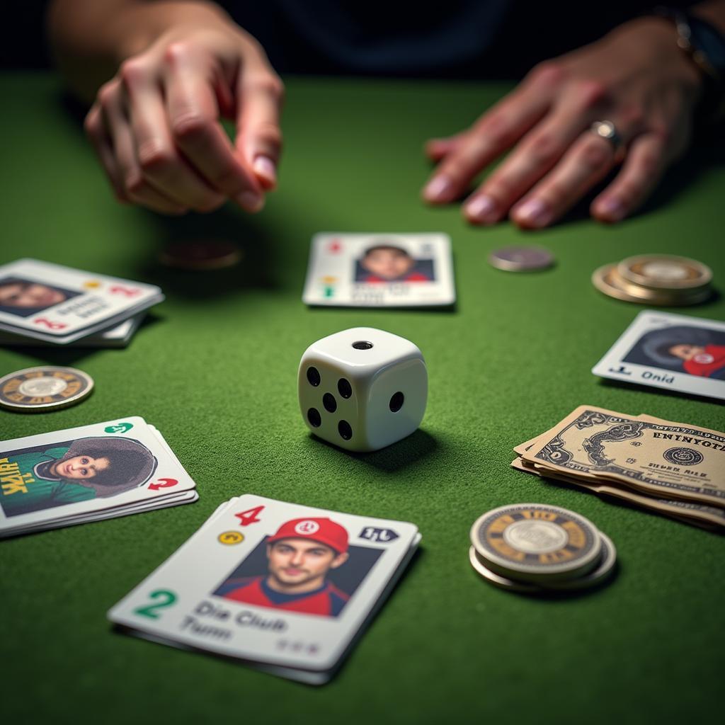 Close-up of a hand rolling dice on a football club board game, with player cards and money visible in the background.