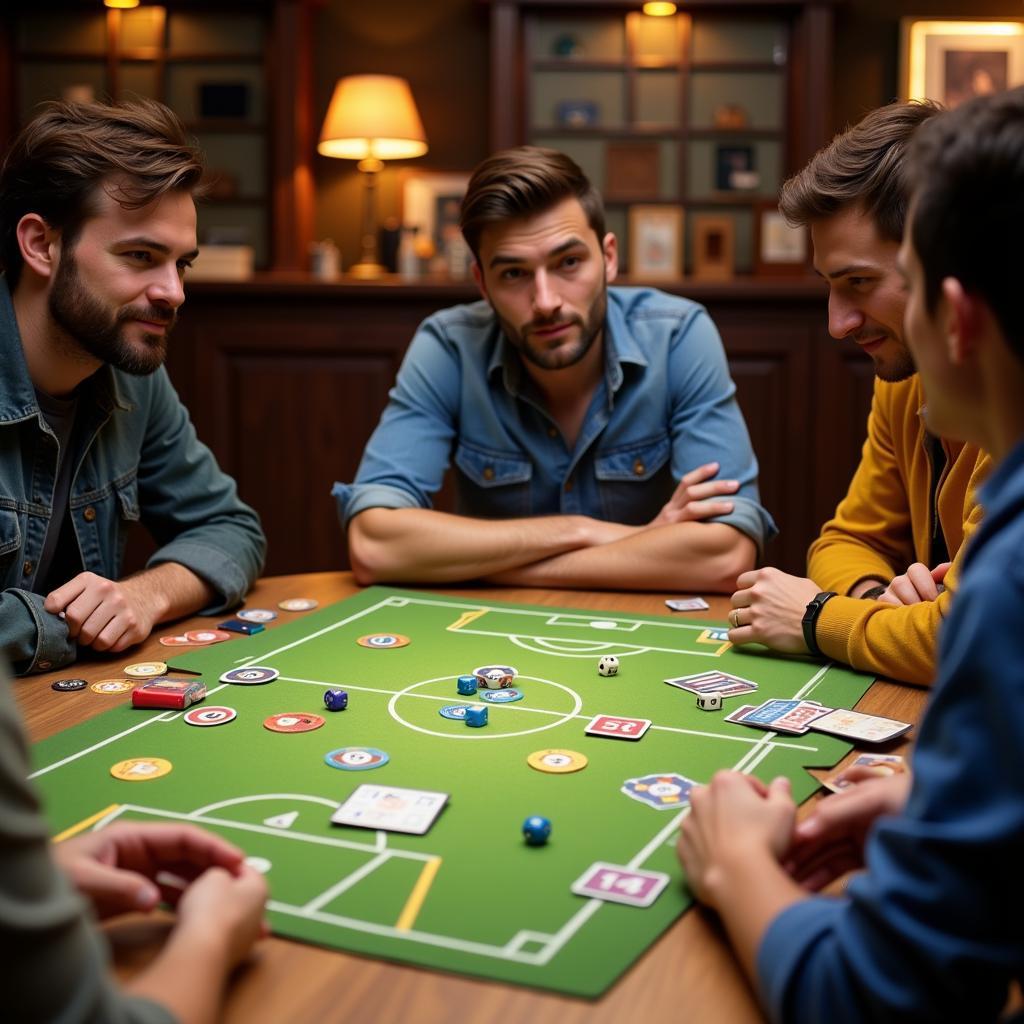 A group of friends gathered around a table, intensely focused on a football club board game, dice rolling and cards being played.