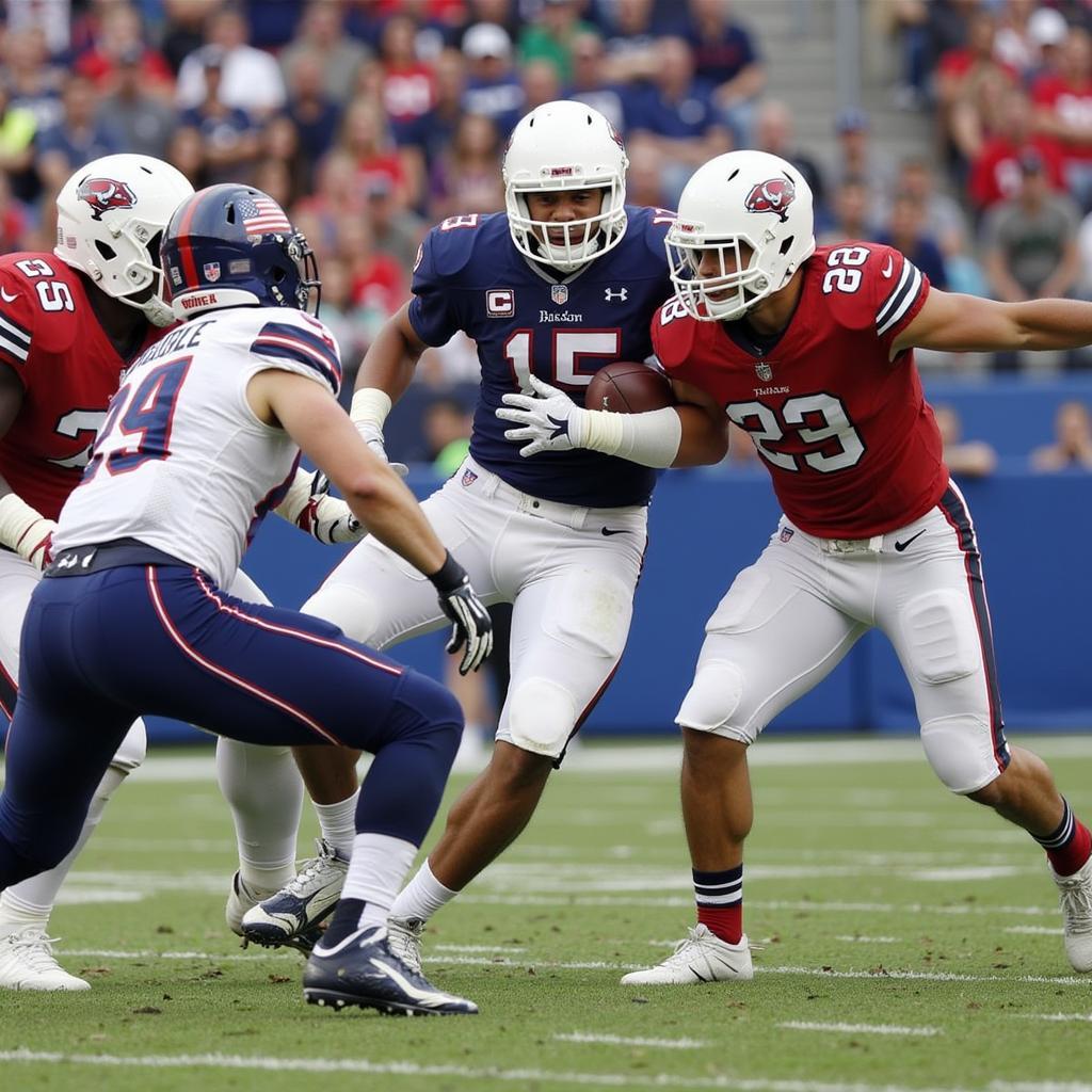 A football player in action wearing a Speedflex 2 bar facemask, demonstrating its visibility and protection during gameplay.