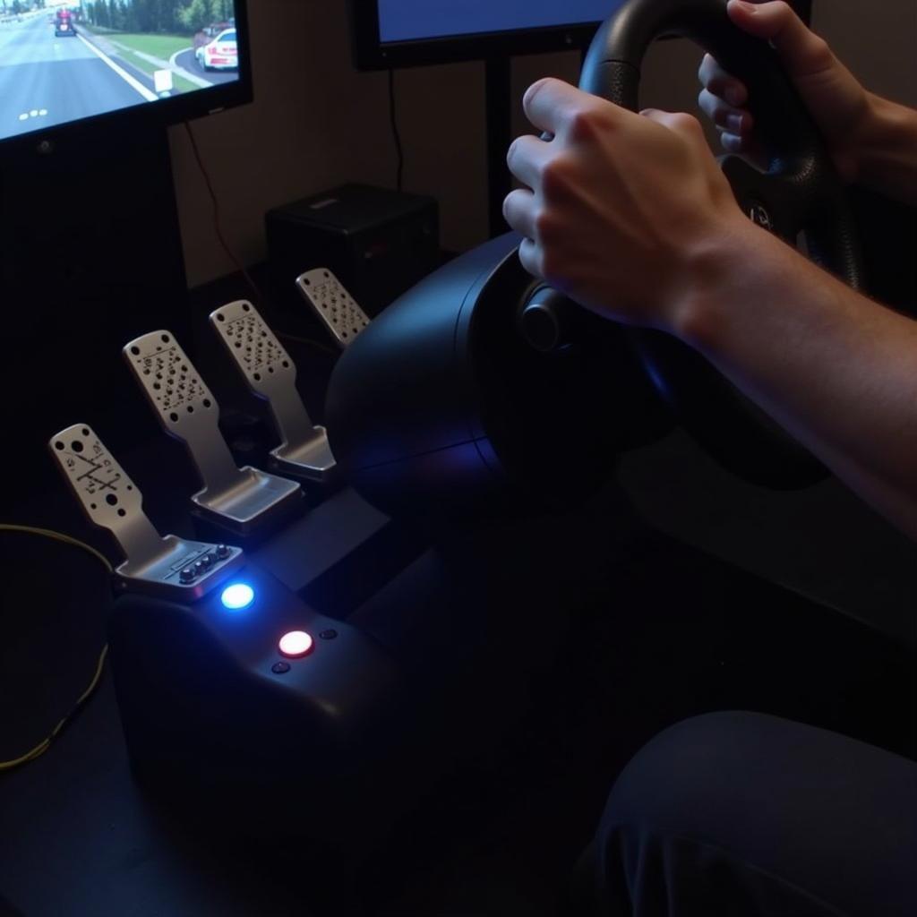 Force feedback base in action showing wheel and pedals