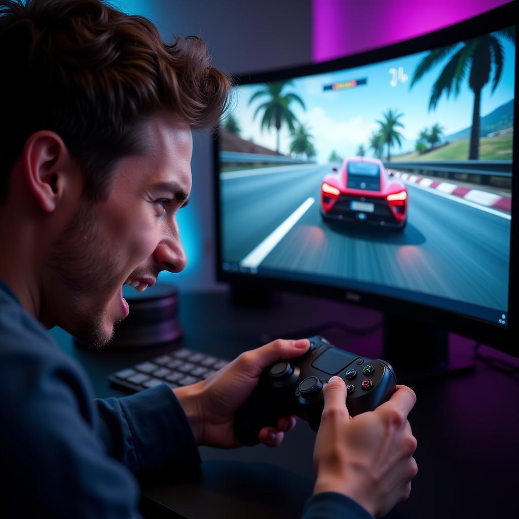 Gamer using a force feedback stick while playing a racing game