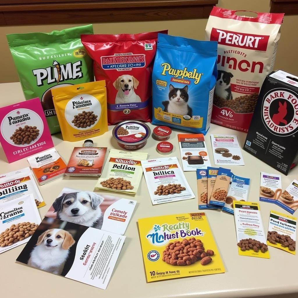 Free pet food samples displayed on a table