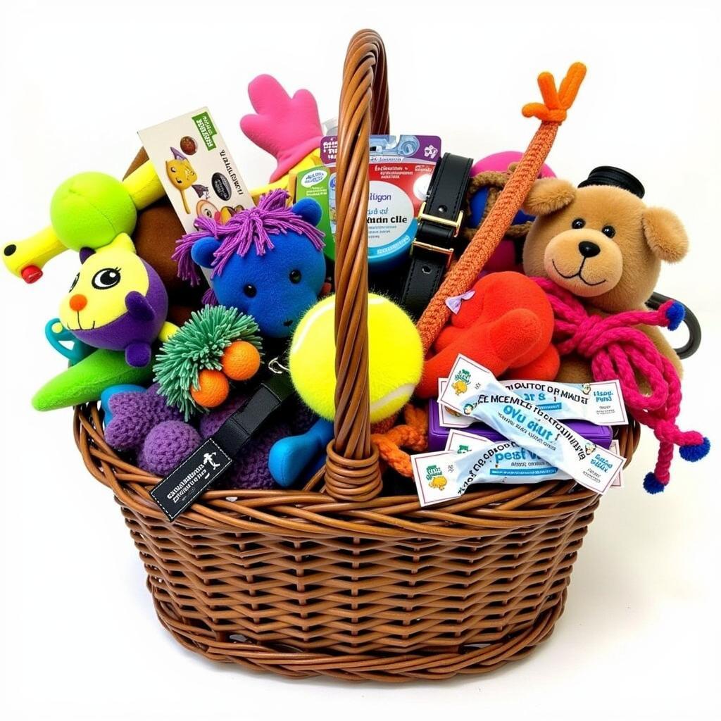 Free pet toys and accessories arranged in a basket