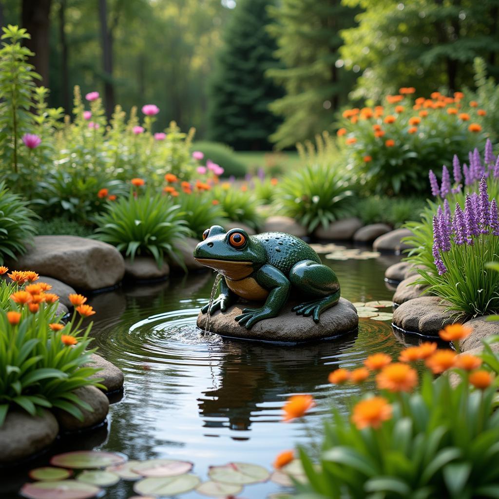 Frog Fountain as a Centerpiece in a Garden Pond