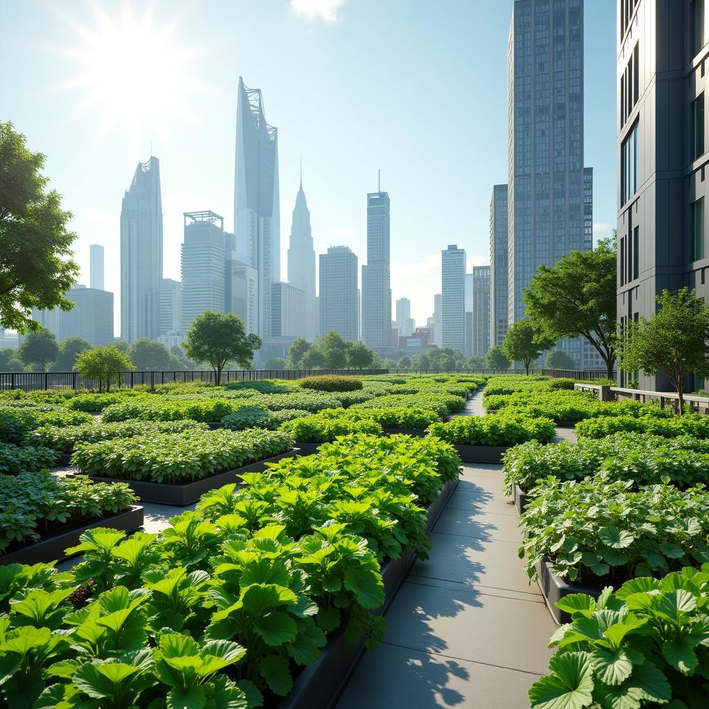 Modern urban rooftop farm with diverse plants