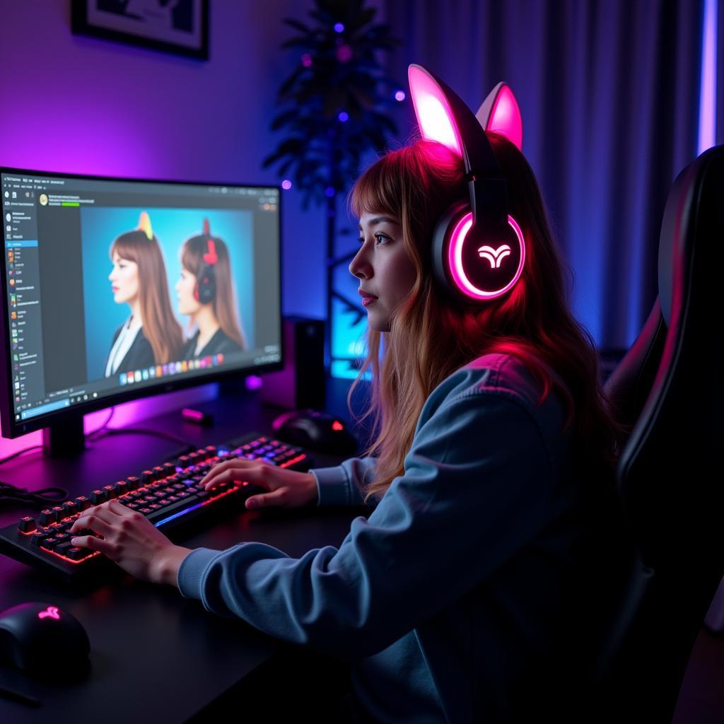 Gamer Girl Wearing Cat Ear Helmet