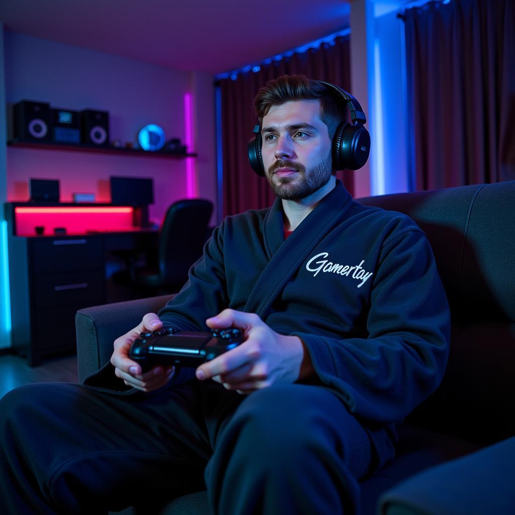 Gamer wearing a gaming robe while playing a video game console