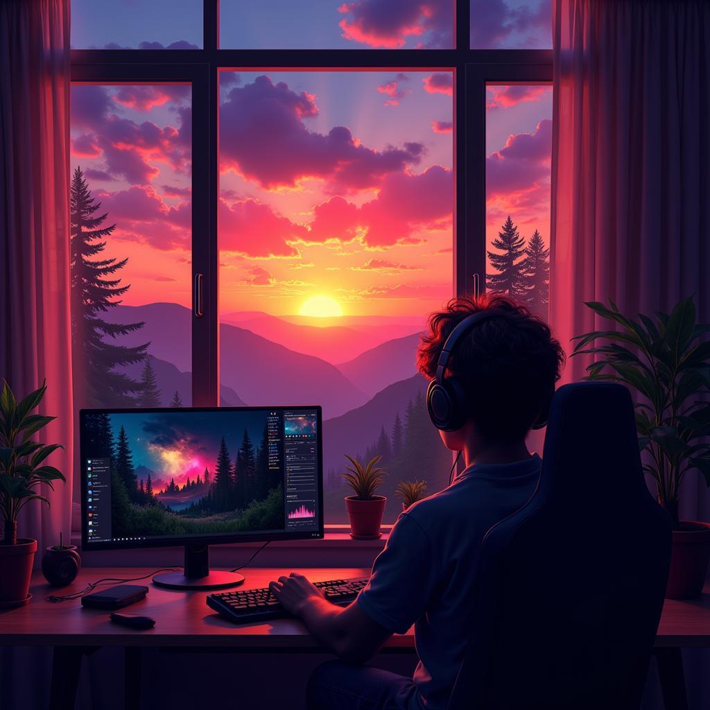 Gamer Pausing to Enjoy a Beautiful Sunset