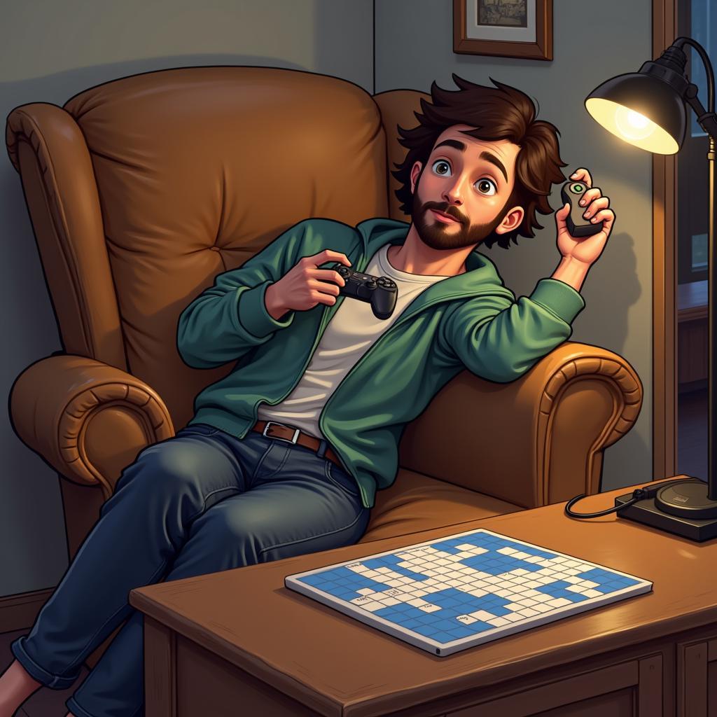 Gamer Relaxing with Controller After Crossword Puzzle