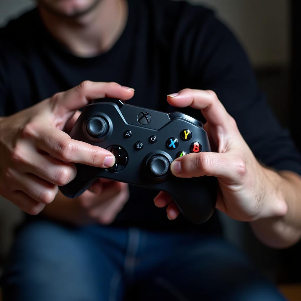 A gamer using a modded Xbox controller during an intense gameplay session.