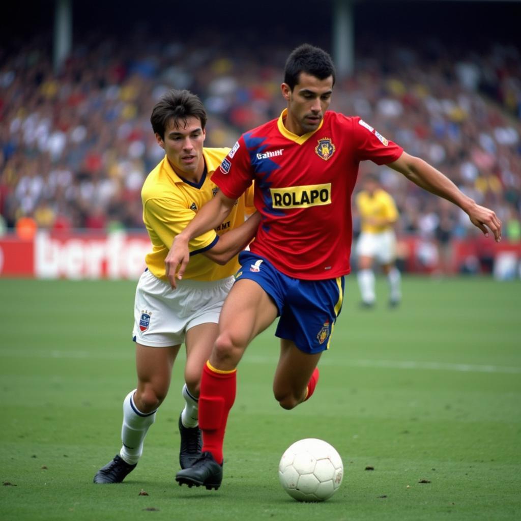 Gheorghe Hagi dribbling past a defender during a match