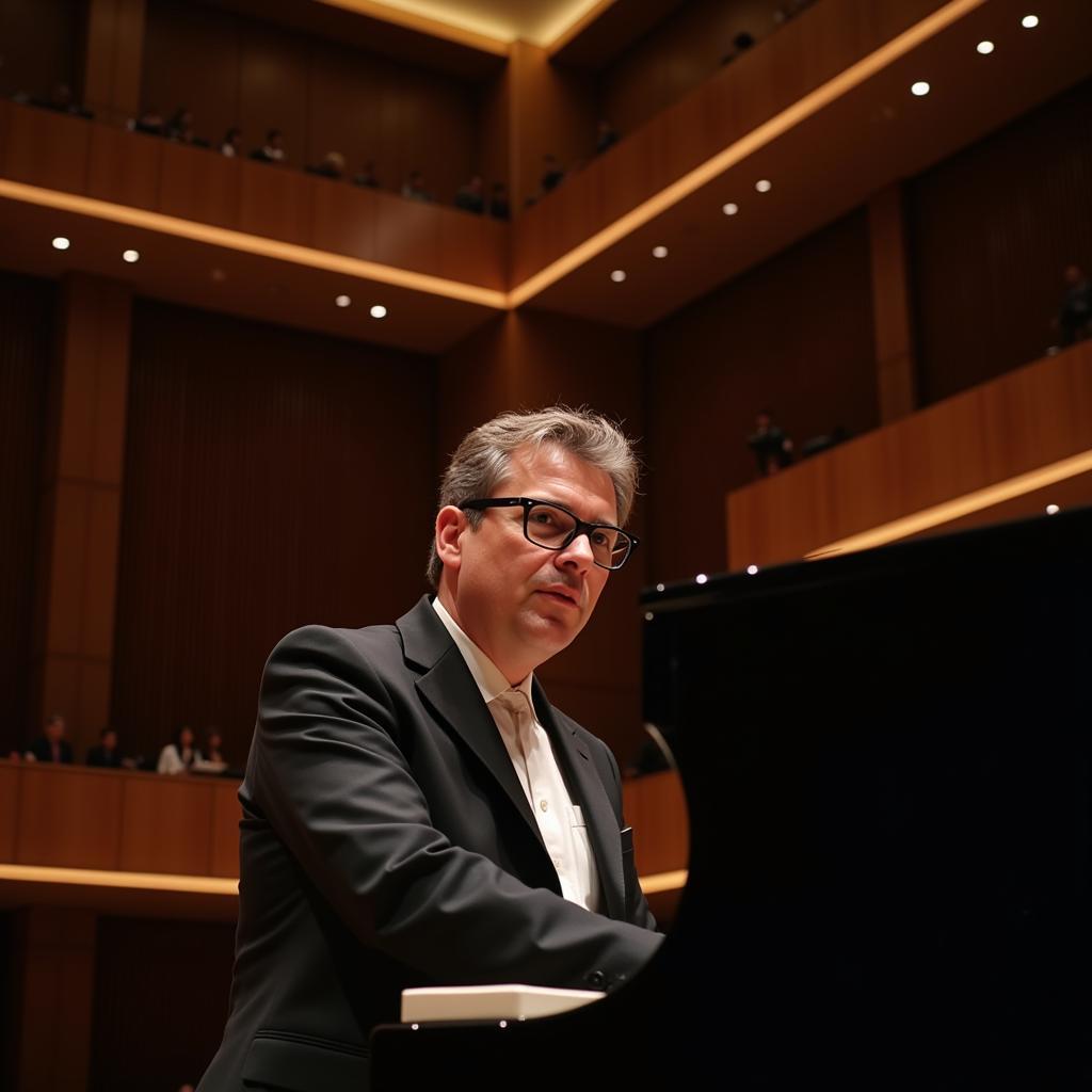 Musician wearing glasses while playing piano